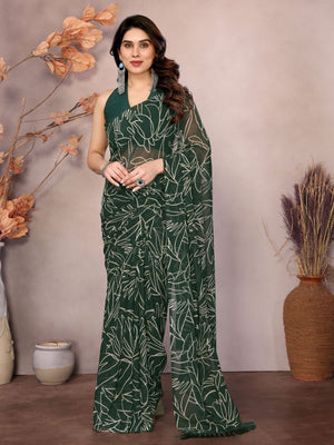 Rajwada Green Georgette Printed Saree With Unstitched Blouse For Women