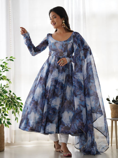 Rajwada Navy Blue Organza Silk Floral Digital Print Stitched Kurta Set For Women
