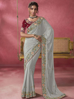 Rajwada Grey Georgette Embroidered Elegant Saree For Women