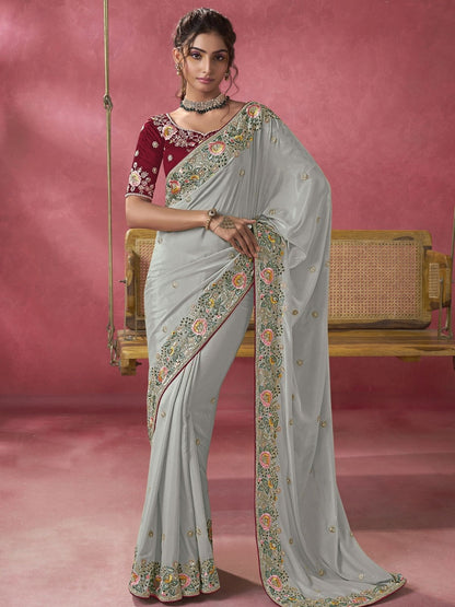 Rajwada Grey Georgette Embroidered Elegant Saree For Women