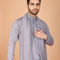 Rajwada Grey Viscose Silk Embellished Stitched Kurta For Men