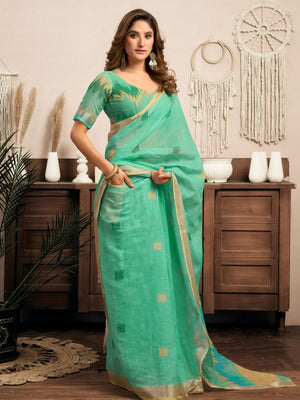 Rajwada Light Green Cotton Linen Zari Work Saree For Women