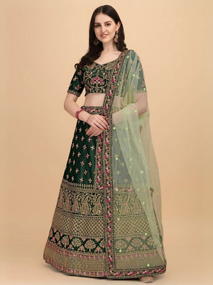 Rajwada Green Satin Silk Embroidered Semi-Stitched Lehenga For Women