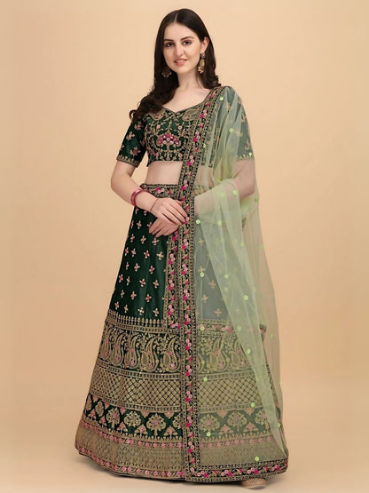 Rajwada Green Satin Silk Embroidered Semi-Stitched Lehenga For Women