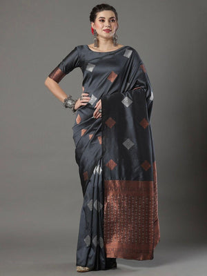 Rajwada Grey Silk Blend Woven Saree For Women