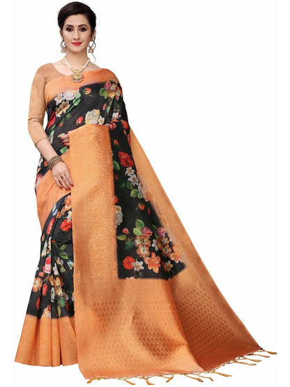 Rajwada Black Silk Blend Floral Printed Saree For Women