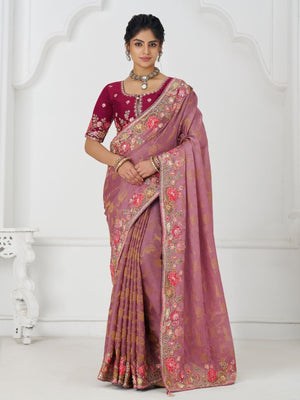 Rajwada Mauve Viscose Silk Embroidered Saree For Women