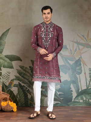 Rajwada Mauve Viscose Silk Embroidered Stitched Kurta For Men