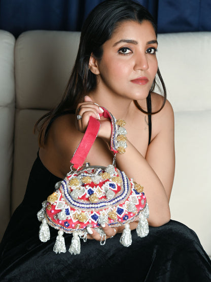 Rajwada Dark Pink Suede Comprehensive With Sequin And Cutdana Work Hand Bag For Women