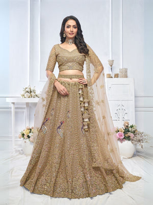 Rajwada Brown Soft Net Embellished Semi-Stitched Lehenga With Unstitched Blouse For Women