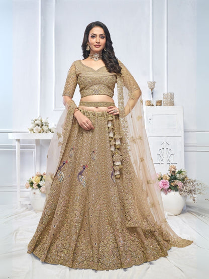 Rajwada Brown Soft Net Embellished Semi-Stitched Lehenga With Unstitched Blouse For Women