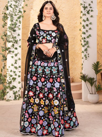 Rajwada Black Georgette Embroidered Semi Stitched Lehenga For Women