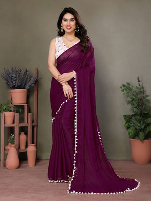 Rajwada Wine Banglori Lace Work Saree With Unstitched Blouse For Women