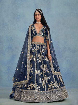 Rajwada Navy Blue Art Silk Embroidered Semi-Stitched lehenga For Women