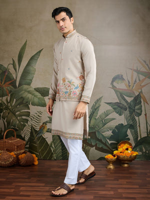 Rajwada Ivory Cotton Blend Embroidered Stitched Kurta For Men