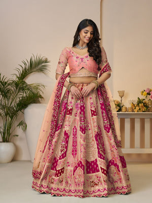Rajwada Peach Banarasi Silk Embroidered Semi-Stitched Lehenga For Women