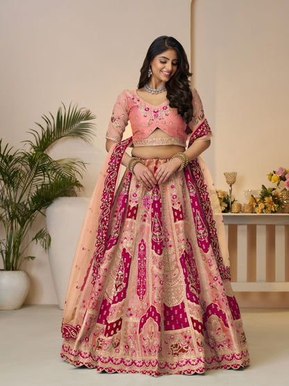 Rajwada Peach Banarasi Silk Embroidered Semi-Stitched Lehenga For Women