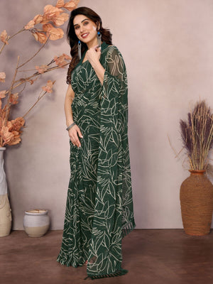 Rajwada Green Georgette Printed Saree With Unstitched Blouse For Women
