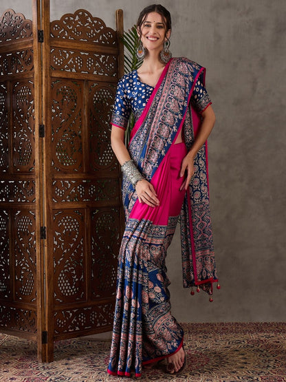 Rajwada Pink And Blue Silk Blend Printed Elegant Saree For Women