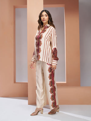 Rajwada Cream Linen Printed Stitched Co-Ord Set For Women