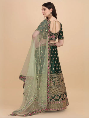 Rajwada Green Satin Silk Embroidered Semi-Stitched Lehenga For Women