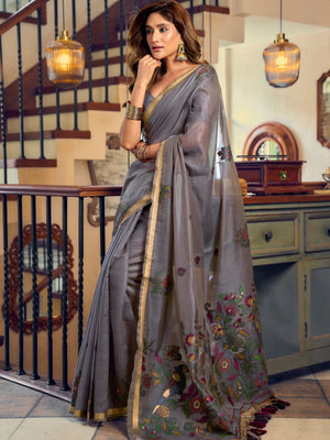 Rajwada Grey Cotton Blend Solid Saree For Women
