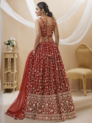 Rajwada Red Georgette Embroidered Semi-Stitched Lehenga For Women