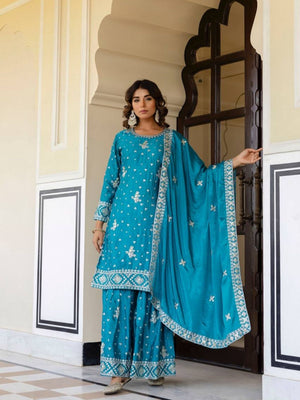 Rajwada Sky Blue Chiffon Embroidered Stitched Kurta Set For Women