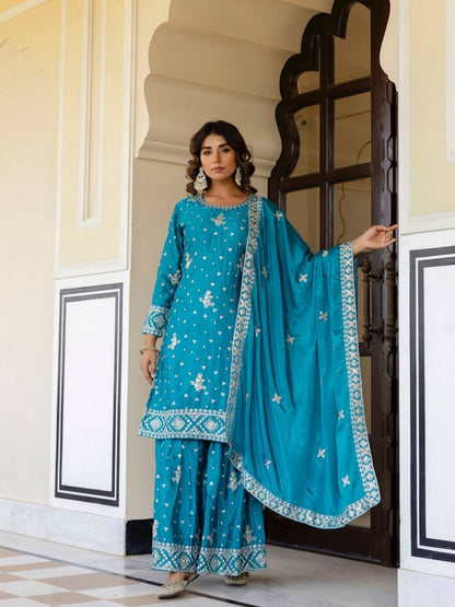 Rajwada Sky Blue Chiffon Embroidered Stitched Kurta Set For Women