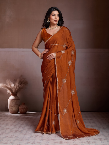Rajwada Rust Orange Silk Blend Embroidered Saree For Women