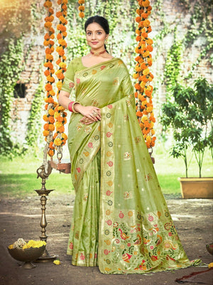 Rajwada Pista Green Silk Blend Printed Saree For Women