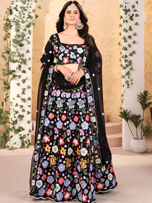 Rajwada Black Georgette Embroidered Semi-Stitched lehenga For Women