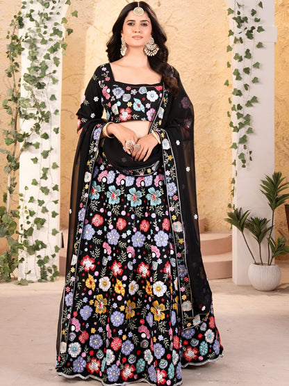 Rajwada Black Georgette Embroidered Semi-Stitched lehenga For Women
