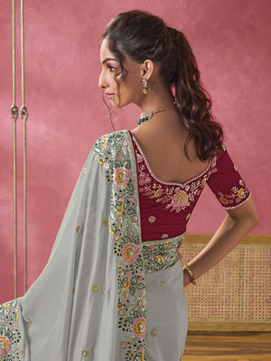 Rajwada Grey Georgette Embroidered Elegant Saree For Women