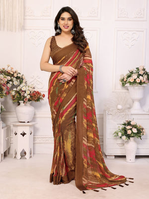Rajwada Brown Georgette Printed Saree For Women