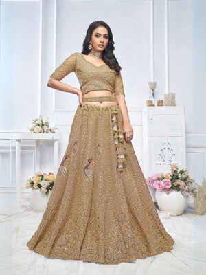 Rajwada Brown Soft Net Embellished Semi-Stitched Lehenga With Unstitched Blouse For Women