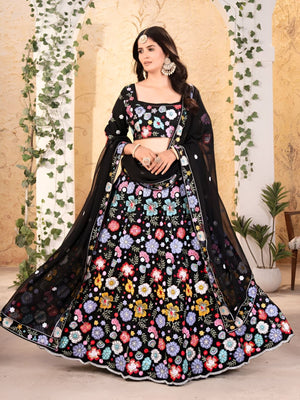 Rajwada Black Georgette Embroidered Semi-Stitched lehenga For Women