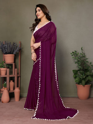 Rajwada Wine Banglori Lace Work Saree With Unstitched Blouse For Women