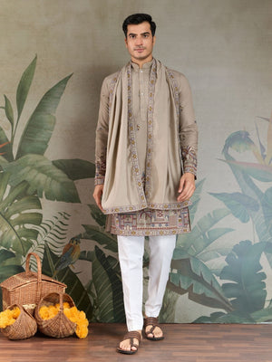 Rajwada Ivory Viscose Silk Embroidered Stitched Kurta For Men