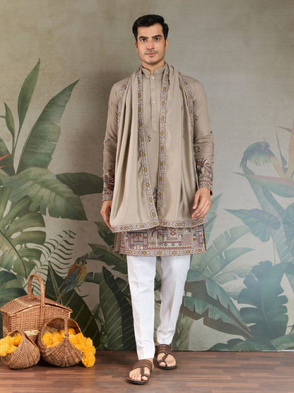 Rajwada Ivory Viscose Silk Embroidered Stitched Kurta For Men
