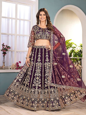 Rajwada Wine Net Sequence Embroidered Semi-Stitched Lehenga For Women