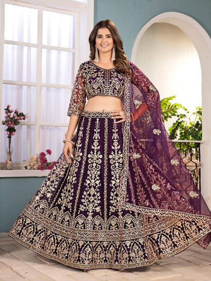 Rajwada Wine Net Sequence Embroidered Semi-Stitched Lehenga For Women