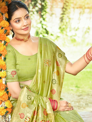 Rajwada Pista Green Silk Blend Printed Saree For Women