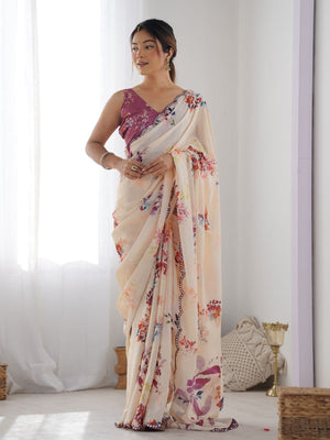 Rajwada Cream Chinon Printed Saree With Unstitched Blouse For Women