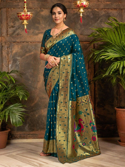 Rajwada Deep Teal Green Silk Blend Woven Pithani Saree For Women