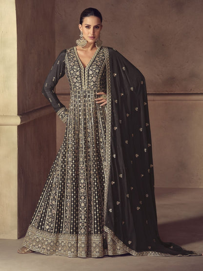 Rajwada Black Chinon Embellished Semi Stitched Kurta Set For Women