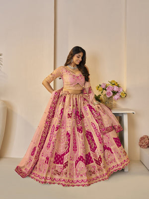 Rajwada Peach Banarasi Silk Embroidered Semi-Stitched Lehenga For Women