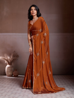 Rajwada Rust Orange Silk Blend Embroidered Saree For Women