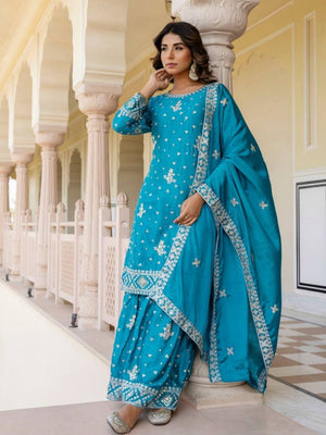 Rajwada Sky Blue Chiffon Embroidered Stitched Kurta Set For Women