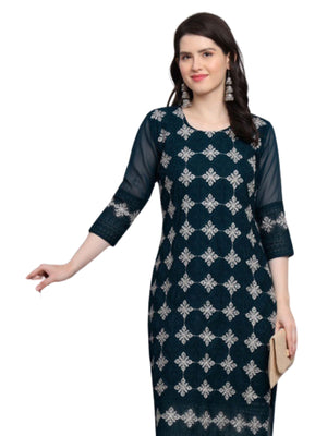Rajwada Teal Blue Georgette Embroidered Kurti For Women